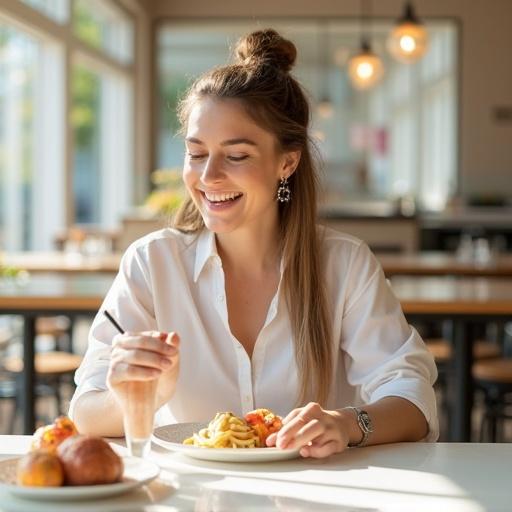 High-key image of woman in restaurant at midday. Bright even lighting with light pastel colors. Top-down perspective showcasing subject professionally. Clean and optimistic mood with minimal shadows. Fresh feel suitable for commercial use.