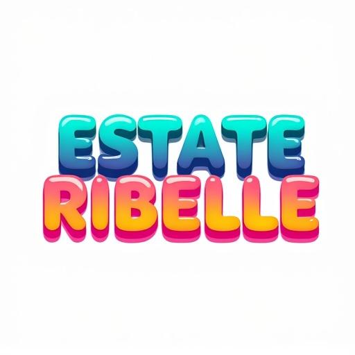 Logo design featuring the text 'ESTATE RIBELLE'. Bold, rounded retro style. Bright colors and 3D effects create a festive summer vibe on a clean white background.