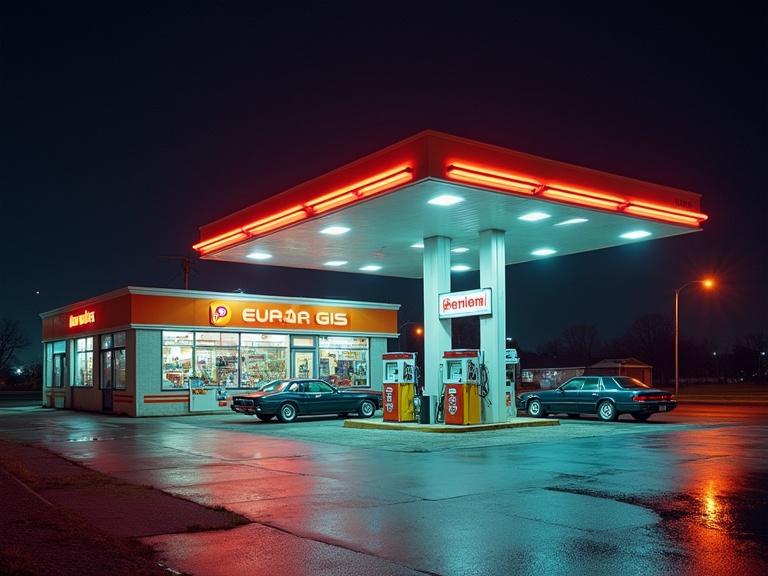 Scene shows a retro 1980s gas station at night. Station illuminated by neon and fluorescent lights. Features classic boxy architecture and wide canopy. Bold vintage logos and convenience store with glass windows. Forecourt mostly empty with a few 1980s cars. Atmosphere is quiet and nostalgic with colorful reflections on wet pavement.