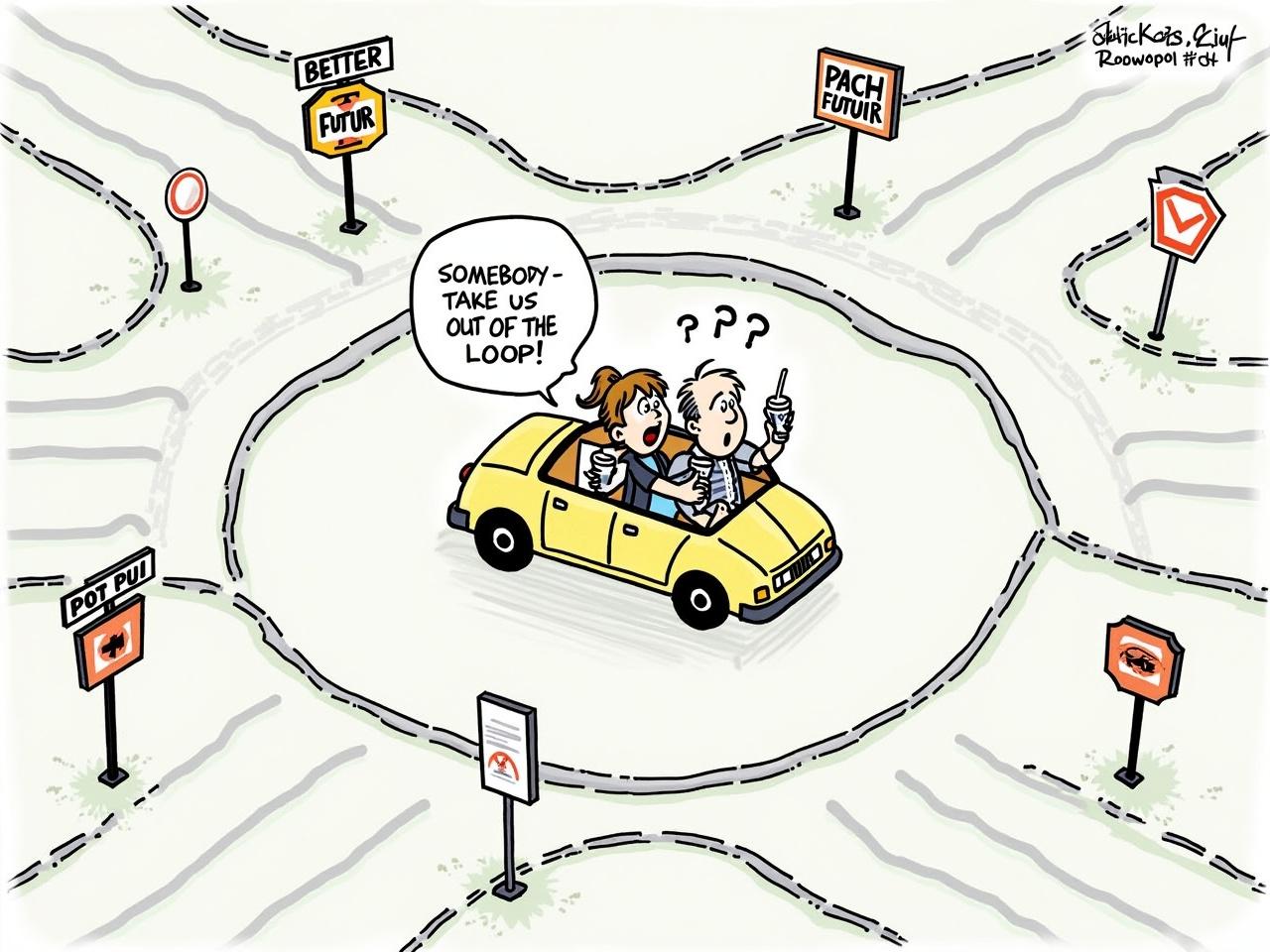 The scene is a humorous cartoon depicting a chaotic traffic circle. In the center, there is a vehicle with three characters inside, all looking confused and holding drinks. They are surrounded by various road signs that seem to reflect confusion and indecision. One character is exclaiming, 'Somebody take us out of the loop!' while another appears puzzled. Around the traffic circle are different labeled paths, such as 'Better Future' and 'Pot Pui,' indicating the absurdity of the situation. The overall style is light and comedic, highlighting the theme of being stuck in a loop.