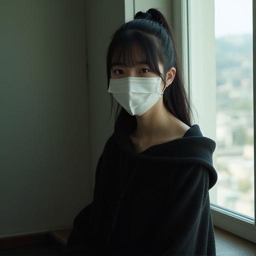 A young woman with East Asian features. She has straight black hair in a ponytail. Wearing a soft black hoodie. Sitting by a window with natural light. Mood is calm and intimate. Expression is serene and introspective. Photograph is soft-focused. Style is inspired by Japanese magazine photography.