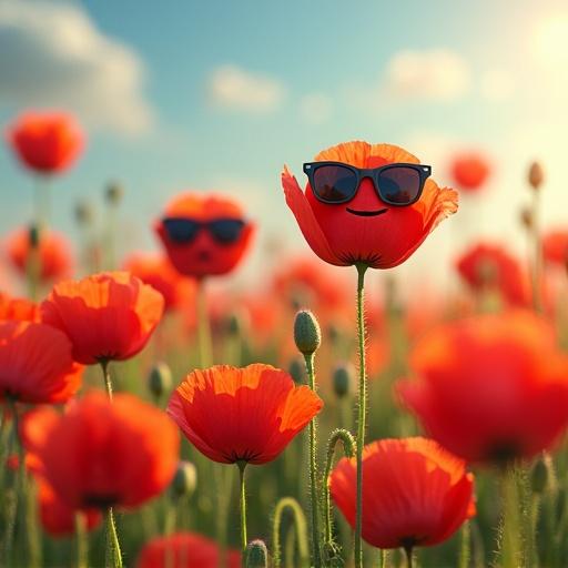 Ultra realistic image showing a vibrant field of poppies. One tall bright poppy wearing sunglasses and holding iPhone. Surrounded by smaller poppies with envious expressions. Some holding social media icons like thumbs down and angry emojis. Playful scene symbolizing social media criticism and jealousy.