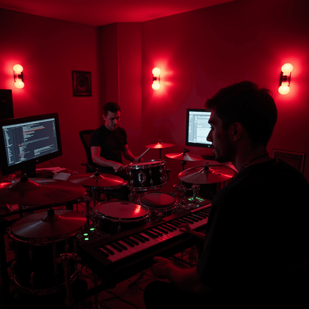 Two people are in a dimly lit red room surrounded by musical instruments and computers.