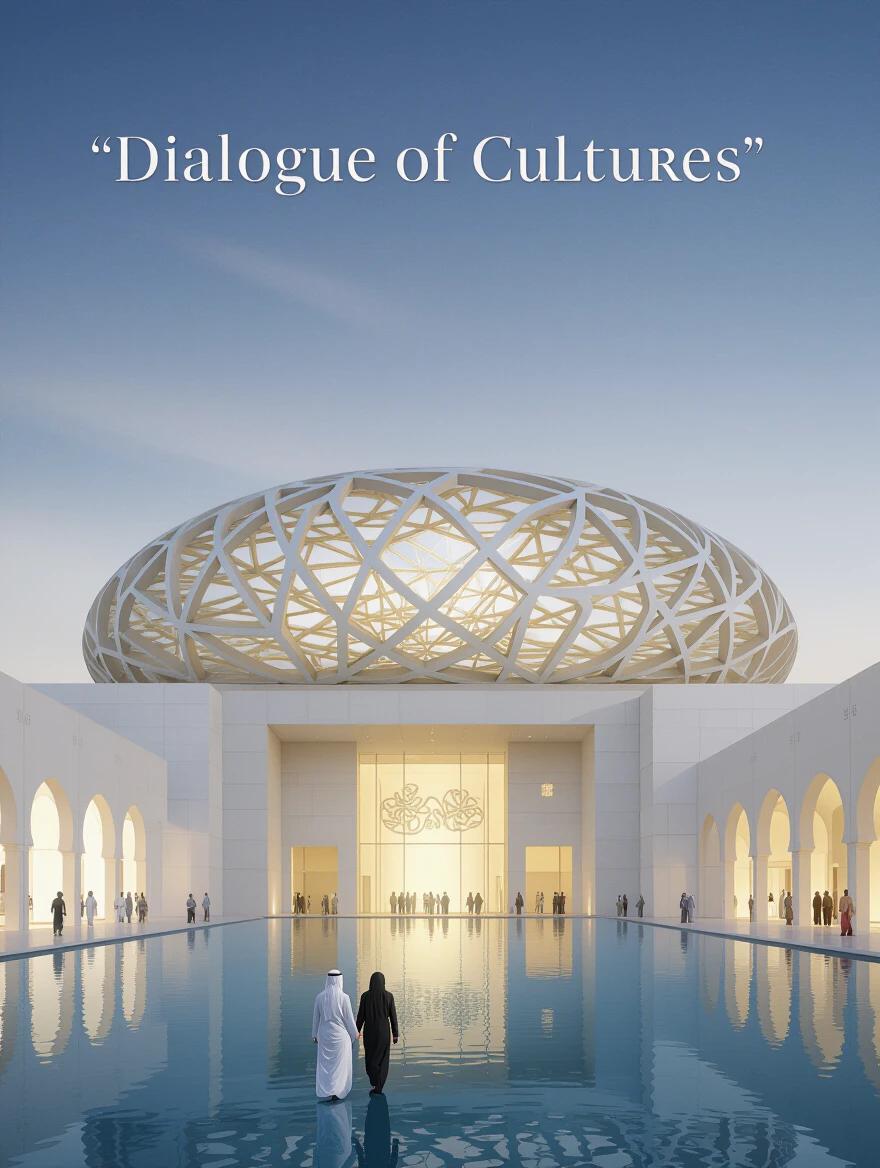 Design combines iconic Louvre Abu Dhabi elements with global cultural symbols. Reflects museum's message of unity in arts and civilization. Features minimalist style and luxurious color gradients.