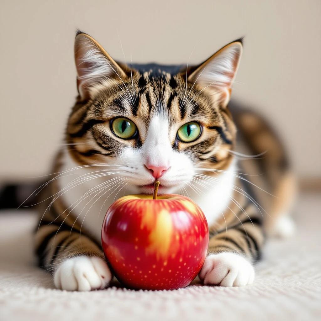 A cat lies on a patterned surface with an apple in front of it. The cat has striking green eyes and a playful expression. It looks directly at the camera with the apple positioned between its paws.