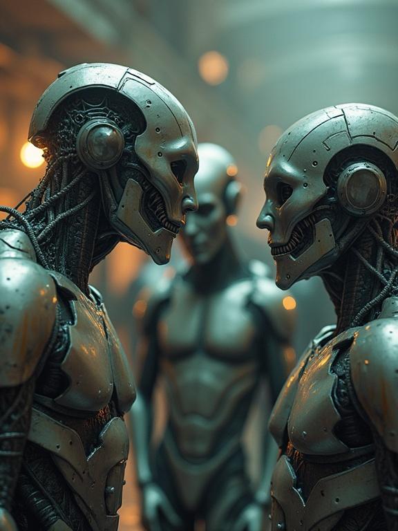 Stylized depiction of figures merged with metal. Bizarre effects create distorted forms. Cinematic scene with natural light. Highly detailed representation of robotic subjects.
