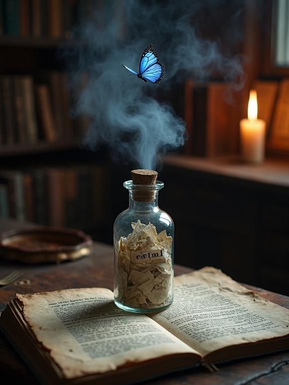 In a dark, candlelit bookshop, a vial with letters rests on an old open grimoire. White smoke billows from the vial. A blue butterfly hovers overhead. On the table, a parchment reads 'l'alchimie des mots'.