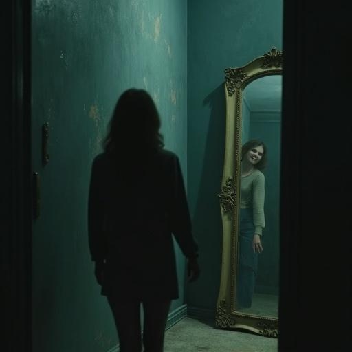 A person steps back from an old dusty mirror in a dim room. Their reflection is frozen, then slowly smiles. The real person walks away unaware. The room has an eerie atmosphere with moody lighting and soft shadows.