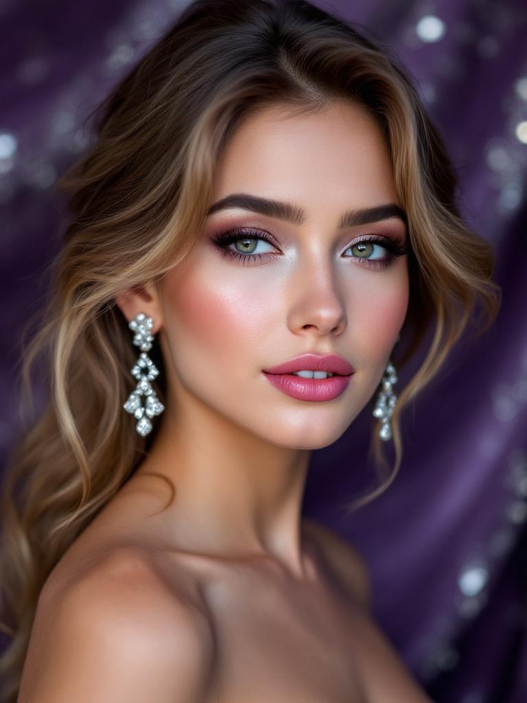 Close-up portrait of a young woman with light brown hair, styled in soft waves that cascade over her shoulders. She adorns glamorous, sparkling diamond earrings that catch the light beautifully. Her makeup is striking, featuring a smoky effect with light purple and silver eyeshadow around her eyes, complemented by bright pink lipstick that adds vibrancy. Her expression is serene, with a hint of allure showcased by a slight smile. The lighting is soft and diffused, enhancing her flawless skin and the shimmer of her makeup and jewelry. The background blends dark purple tones with lighter areas, possibly white or silver, creating depth and elegance.