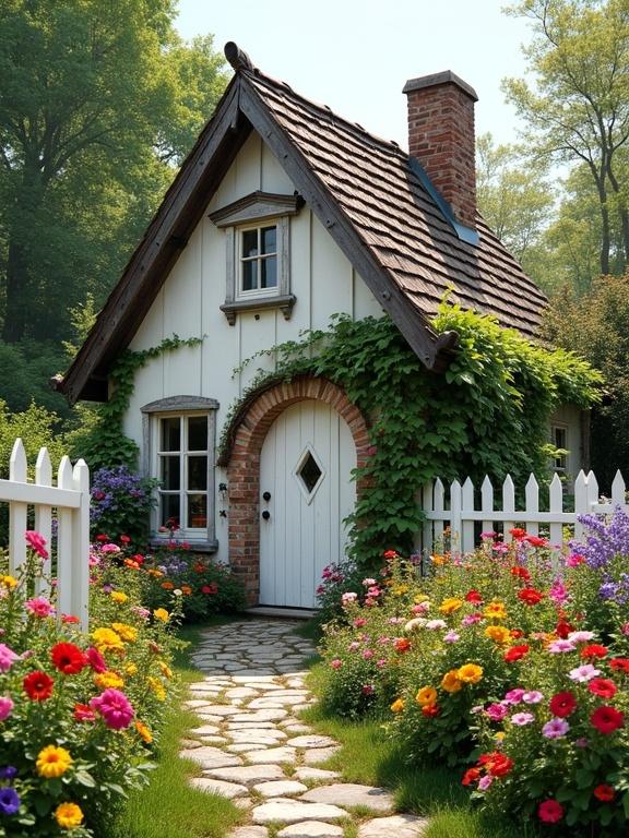 A small charming cottage with a white exterior and a steep pitched roof. The door is arched with a diamond window and surrounded by flowers. A large window is partially hidden by flowers. A stone path leads to the cottage door, enclosed by a white picket fence. The garden bursts with colorful flowers and greenery.