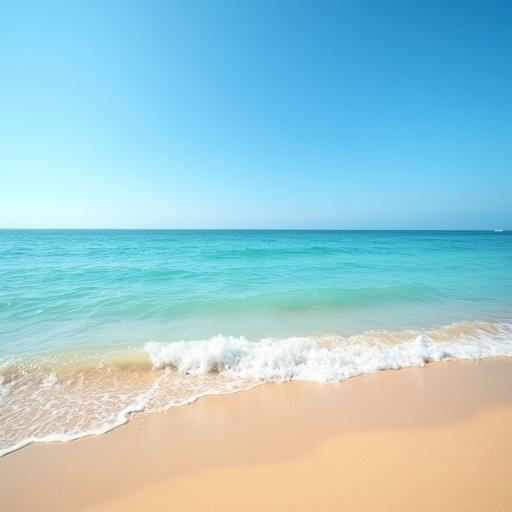Sea view with light waves. Clear and pure water color. Soft golden sand. Clear blue sky with sunny weather.