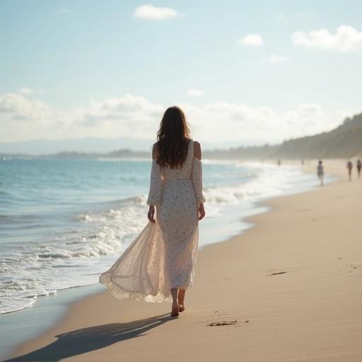 Woman walks along the beach wearing a flowing dress. The ocean waves gently lap at the shore. The scene is bathed in soft sunlight. A coastal landscape appears in the background.