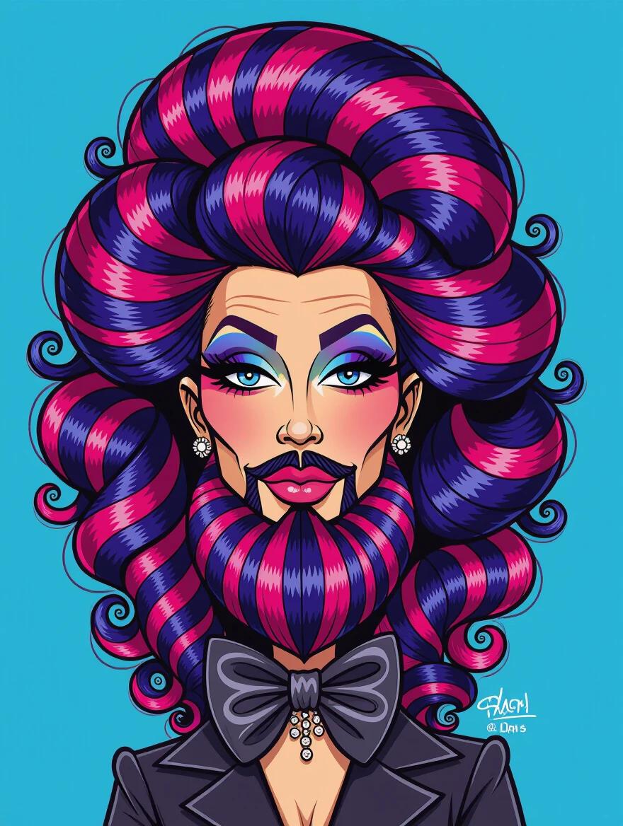 Highly stylized caricature features voluminous hair and beard. Bold colors including hot magenta and electric blue stripes. Large decorative bow at the neckline. Thick outlines and cartoon-like features highlighted. Solid background enhances the dramatic styling.