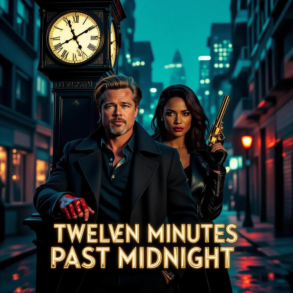 Movie poster for Twelve Minutes Past Midnight. Urban crime drama. Brad Pitt leans on a clock tower with bloodied knuckles. Tessa Thompson holds a gold revolver behind him. Neon-lit skyline with gritty alley reflections. Deep shadows and teal-orange noir palette.