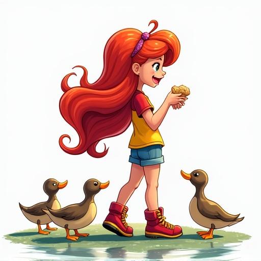 A girl with long red and yellow hair stands at a park lake. She is feeding ducks. Girl wears a red and yellow shirt and blue denim shorts. She has shiny red hiking boots with yellow laces. The scene has a white background, focusing on her and the ducks.