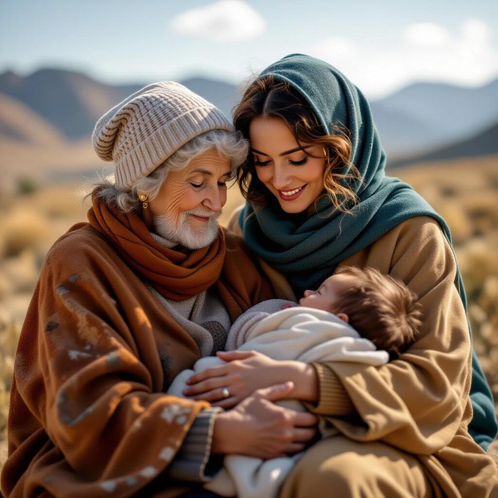 Image capturing a tender moment between three generations of women. Grandmother holds mother, who cradles a newborn child. Set in a natural landscape. Emphasis on familial love. Hyper-realistic style with high definition.