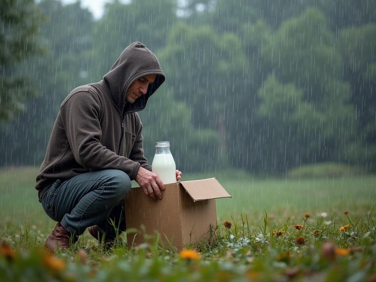 Man packing a box in rain with a glass bottle of milk on ground full of flowers and grass in forest area