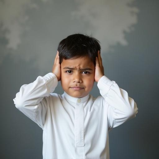 A young Qatari boy wearing a traditional white thobe with a button at the collar covers his ears with both hands. The boy has Middle Eastern facial features and looks uncomfortable. The background is softly blurred with abstract shapes suggesting tension. The lighting is moody with a soft gray backdrop.