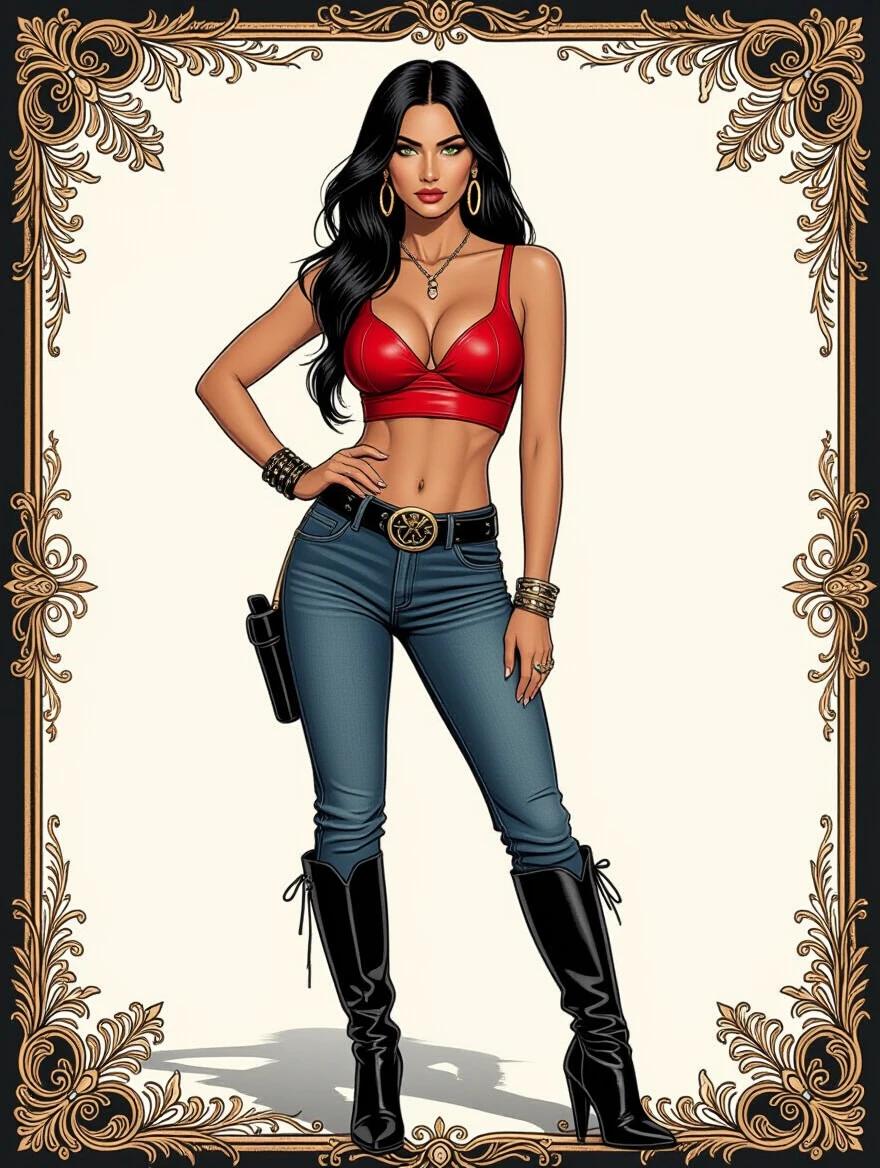 Image of a woman with long black hair and green eyes. She wears jeans above the waist. She has a sleeveless leather red top that reveals a large neckline. A black leather belt with a buckle. Knee-high black leather heeled boots. Long earrings and bracelets on both arms. A black leather necklace. Background is white. She stands posing for the camera. Full body view from toes to head. Sexy pose.