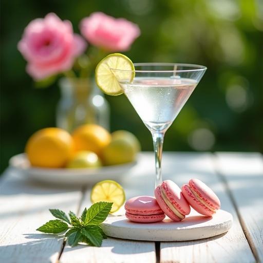 Sharp 4K image of pastel pink macarons on a rustic wooden stand. Clear martini glass filled with cocktail and lime slices. Bowl of lemons and limes present. Bright airy setting with pink flowers and sunlight. Relaxing patio scene for Father's Day celebration.