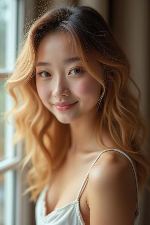 Model in a bright studio with soft lighting. Voluminous warm blonde curls cascading down. Upper body is shown wearing a casual top. Captured with a shallow depth of field for a soft background. Focus on the natural beauty.