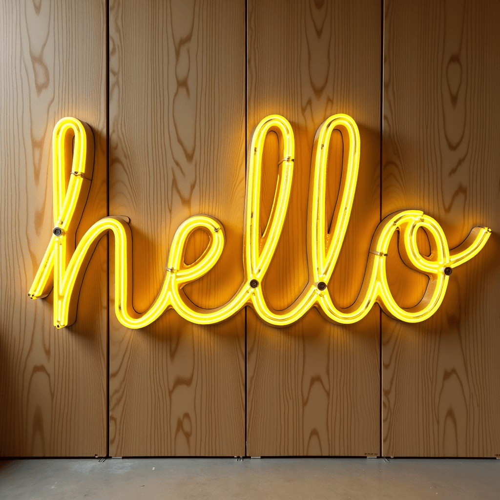 A neon sign spelling 'hello' in bright yellow against a wooden backdrop.