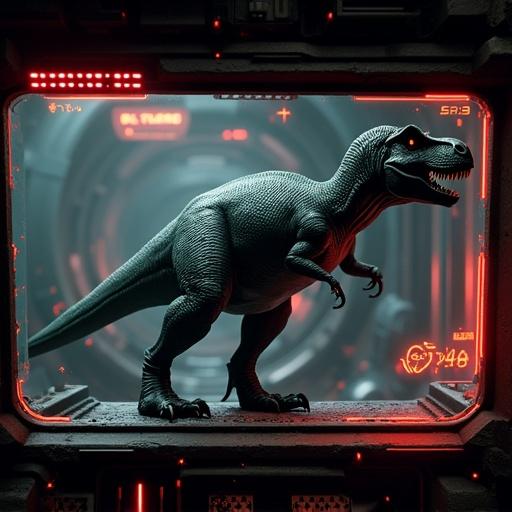 A sci-fi HUD screen features a T-Rex dinosaur within a futuristic setting. The design includes retro alarm symbols reminiscent of the Terminator style.