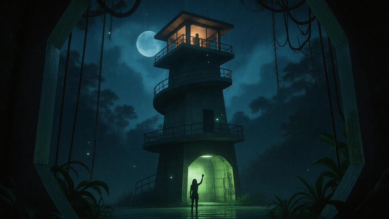 A watchtower in a tropical jungle at night surrounded by rain and plants. The tower is tall and ominous with glowing elements. Softly pulsating vines are on the concrete walls. Floating spores illuminate the humid air. A woman stands close to the top of the tower, reaching for a radio. Something is moving behind her unnoticed.