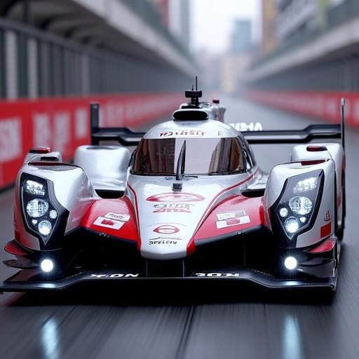 High-performance Nissan race car on a racing circuit. Bright lighting highlights the car's design. The image captures an action-ready stance.