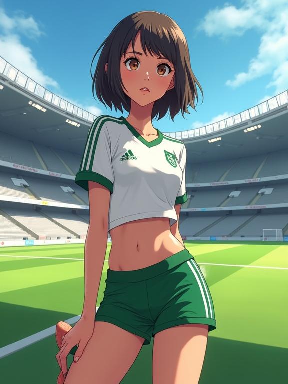 Anime illustration of a young female character with a bob haircut. Character has brown eyes. Wears a white cropped soccer jersey and green shorts. Flaunts an alluring pose in a soccer stadium. Stadium features green grass pitch and grey seats. Lighting creates soft shadows. Digital artwork with crisp details.