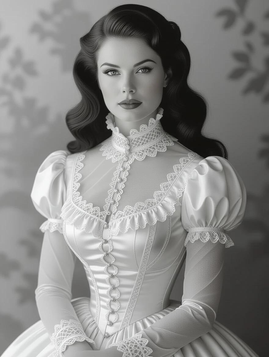 Full body frontal image inspired by old photographs. Model features long brunette hair styled elegantly in soft waves. Makeup has a classic touch with arched eyebrows and false eyelashes. The attire consists of a form-fitting Victorian dress with a tall collar and frills. The dress is white with delicate lace details.