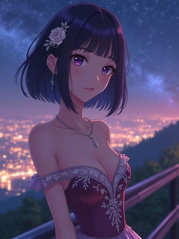 A woman in an off-shoulder evening gown stands by a railing at night. She has straight dark violet hair and violet eyes. The gown features delicate floral embroidery. Ambient city lights and a starry sky create a romantic background.
