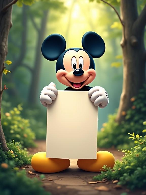 Mickey Mouse illustration of whole body smiling holding a blank poster in hands in forest.