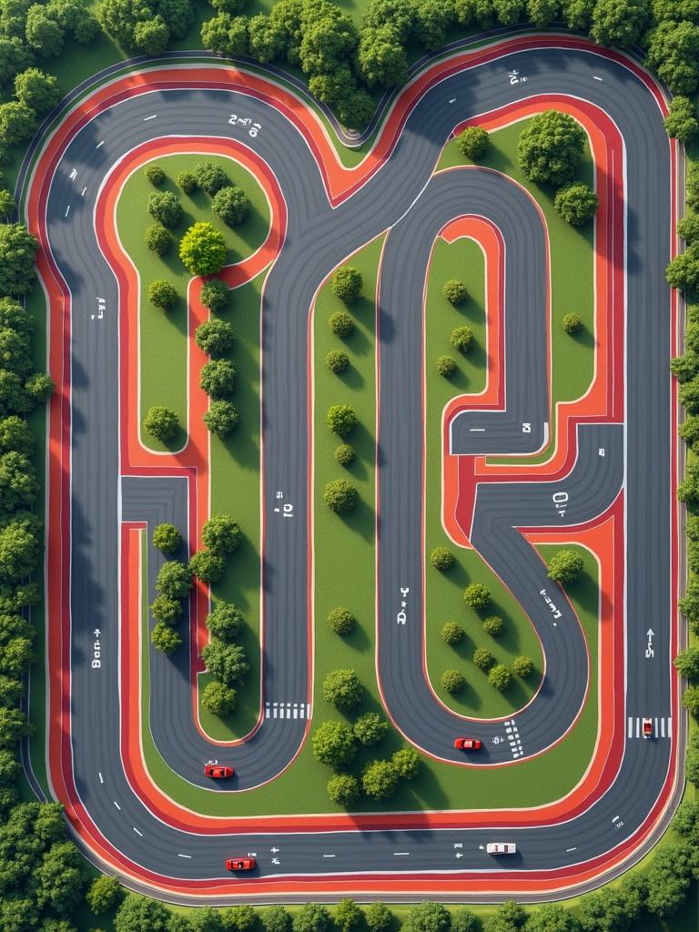 Detailed layout of a race track. Features include three main straights. Total of 23 corners with two hairpins. Designed for anti-clockwise racing direction. Vibrant colors throughout the track.