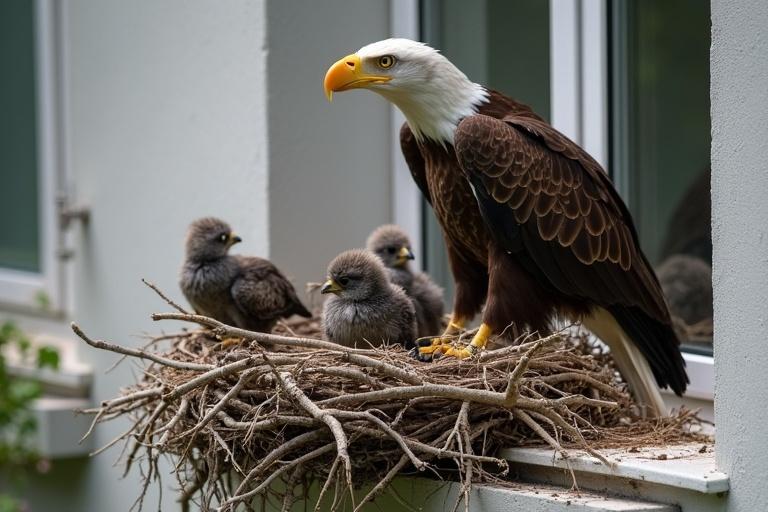 Nest located on an apartment ledge. Mother eagle feeds her eagle chicks. The scene shows the mother eagle and her three chicks in a natural habitat.
