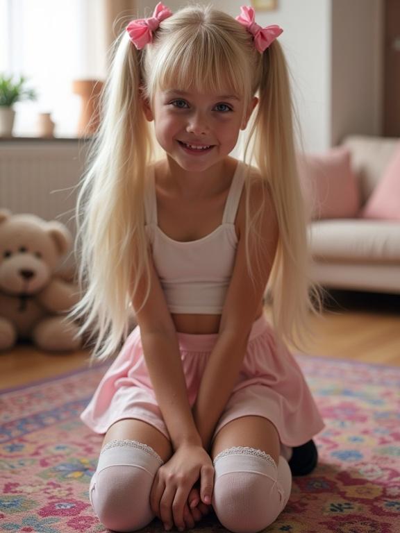 A young girl with long blonde twin tails and pink bows is kneeling on a colorful rug. The living room is softly lit. She wears a short crop top and a pale pink skirt, paired with thigh-high socks and black shoes. Her hands rest on her knees and she's smiling. A teddy bear is nearby.