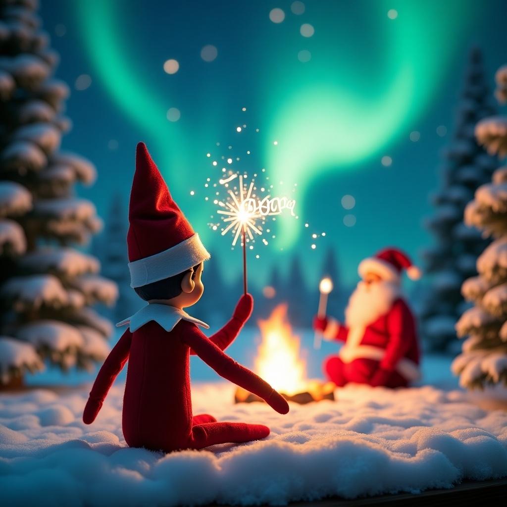 In a magical winter scene, an elf on the shelf is seen from behind. Dressed in a bright red outfit, the elf faces a beautiful sky filled with northern lights. The elf holds a sparkling wand and is writing the name 'Jaxon' in the air. In the background, Santa Claus sits by a warm fire, adding to the enchanting atmosphere. Snow-covered trees surround the scene, enhancing the cozy and festive vibe. The elf and Santa together create a delightful holiday moment.