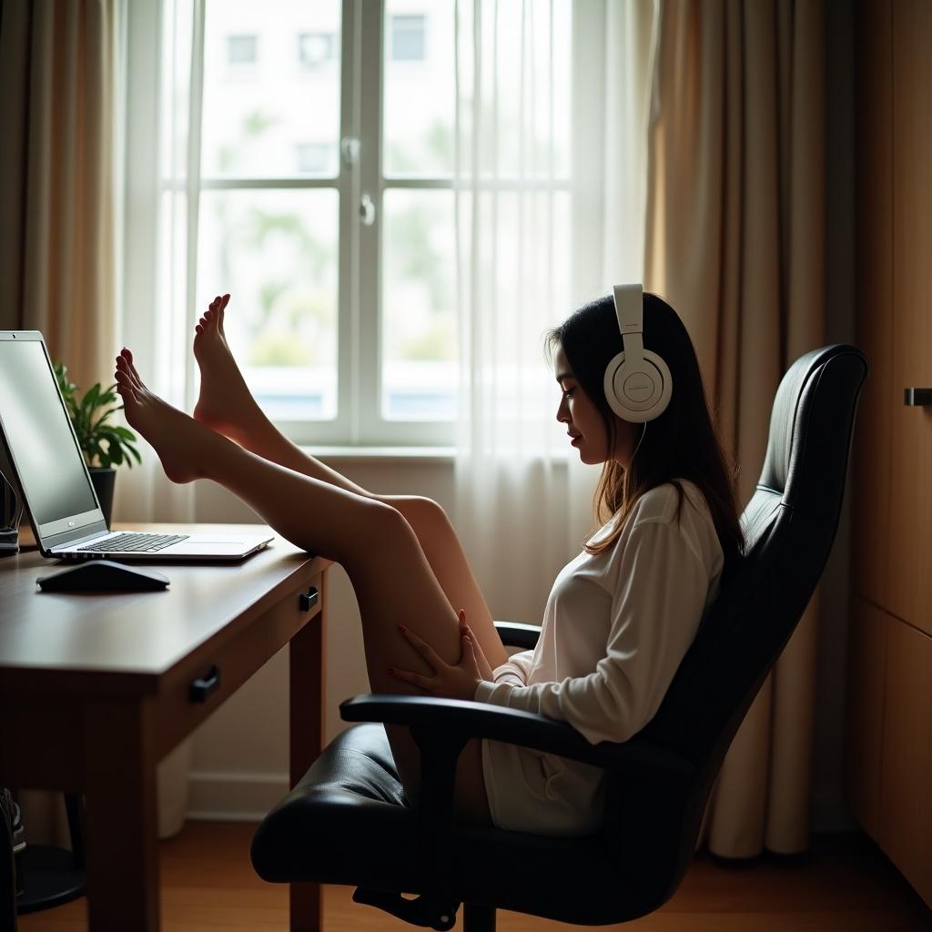 Sitcom setting featuring a young Malaysian woman relaxing in her apartment. She is seated in a chair with feet on the desk. Wearing headphones and focusing on studying. Natural light enters through the window, enhancing a cozy atmosphere.