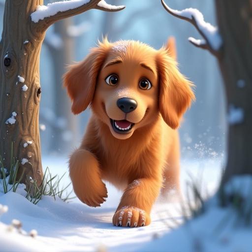 3D HD rendering showcasing a golden retriever puppy moving playfully through snow-covered trees, pushing low branches aside in a classic animated style
