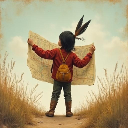 Child standing in a field holding a map. The map is upside down. Features a feather in hair. Little backpack on back.