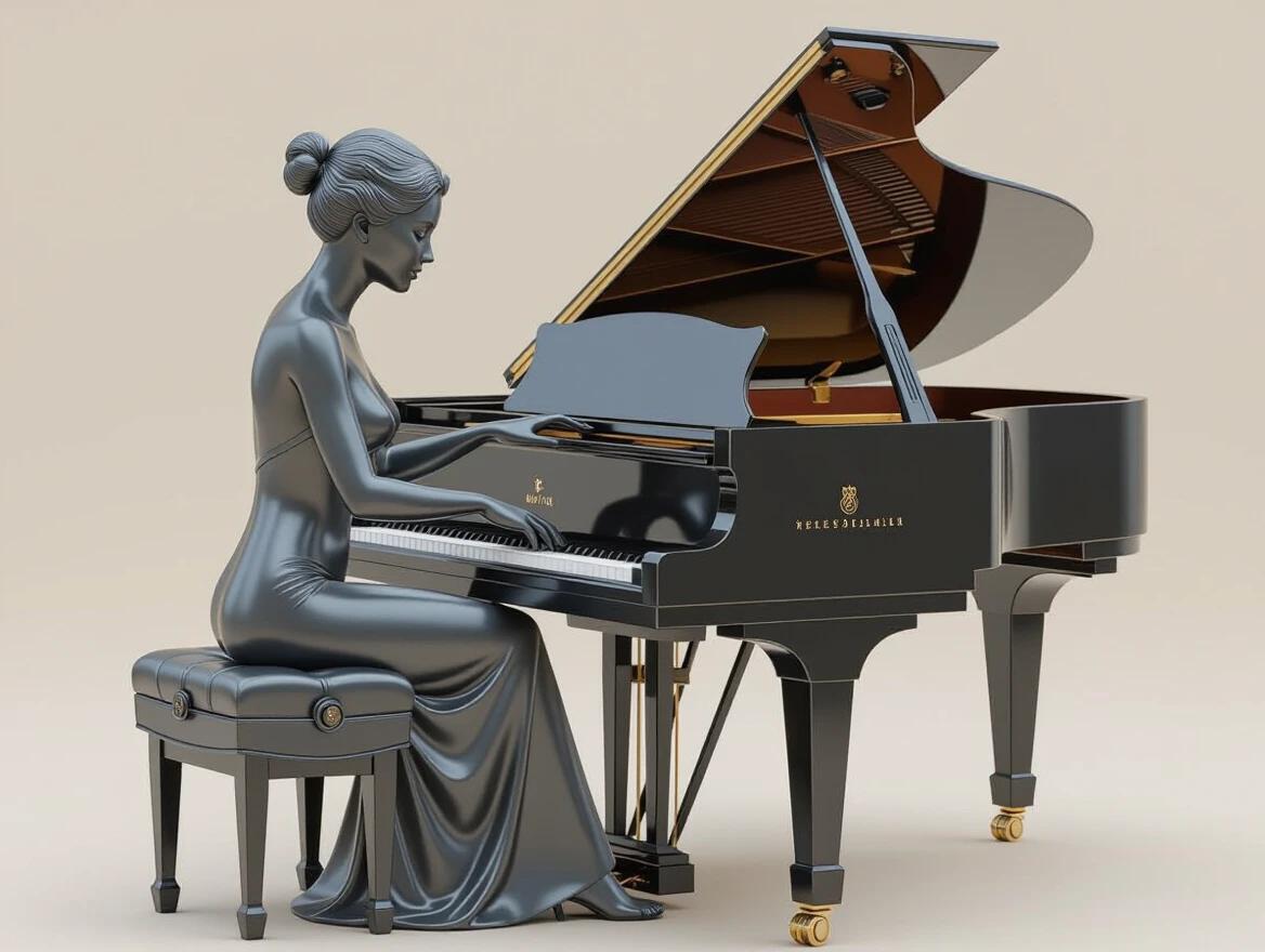 3D woman statuette playing grand piano. Elegant fingers create musical harmony. Sculpture inspired by Rodin's style. Aesthetic beauty in art and music.
