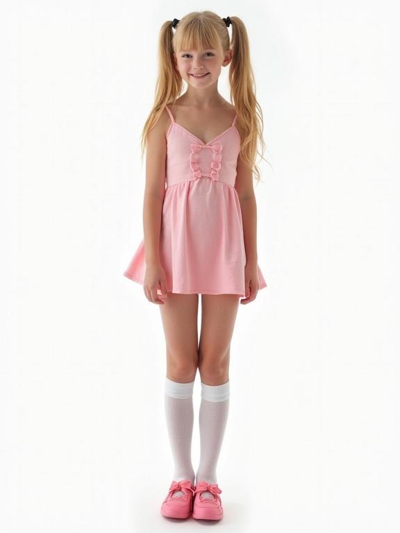 Full body photo of a girl wearing a pink mini sundress. She has blonde hair styled in twintails with bows. She wears thigh high socks and pink shoes. The background is white. The image has a bright and playful vibe with youthful energy.