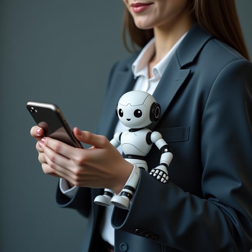 Close-up image of a woman in a suit holding a smartphone with a small robot on her arm. Neutral grey background. Emphasis on technology and modern design. Vibrant depiction of AI interaction.