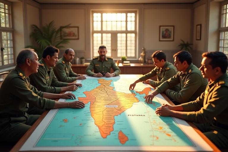 Scene depicts a large map of India with defense zones marked. Scientists and army officials engage around a strategic table. Bright natural daylight filters in through windows. Ultra-HD imagery showcasing a realistic Indian military decor. Ambient shadows create a crisp atmosphere.