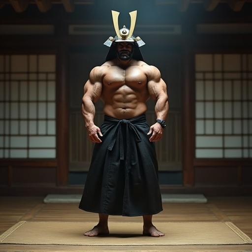 Huge muscular bodybuilder. Samurai helmet worn. Aikido kilt and martial arts black belt on. Barechested with thick pecs and lean abs. Muscular feet and ankles. Standing barefoot in traditional dojo. Cinematic film still. Shot on v-raptor XL. Film grain and vignette effects. Color graded and post-processed. Dramatic atmosphere.