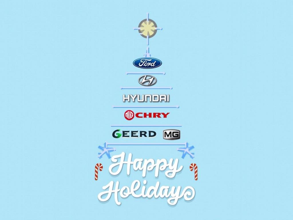 The image features a stylized holiday greeting. At the top, there is a logo that could represent a company, which is marked by a simple symbol. Below this symbol, there are four well-known automotive brand logos stacked in a triangular shape resembling a Christmas tree. These brands include Ford, Hyundai, MG, and Chery, each placed within a horizontal band. At the bottom, the words 'Grand Auto' are prominently displayed, followed by a festive 'Happy Holidays' message, embellished with holiday-themed graphics like candy canes. The overall color scheme is soft blue, giving it a calm and cheerful holiday vibe.