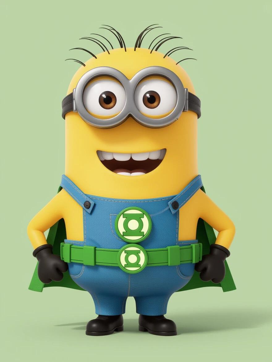Minion styled in 3D cartoon, dressed as Green Lantern from DC Comics. Character has yellow body, big expressive eyes with goggles, wearing green and black suit. Green mask covers face, glowing ring symbol on chest, gloved hand with glowing ring. Minion in heroic pose, arm outstretched, projecting green light beam as weapon or shield. Background features cosmic landscape with stars, green nebulae, large moon or planet, reflecting green light creating magical effect. Composition vibrant with saturated colors in detailed 3D cartoon style, dramatic lighting showcase power ring effects and hero costume.