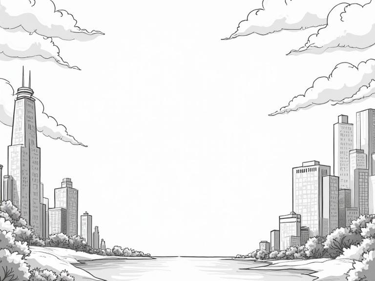 Banner illustration of a city skyline with no text. Focus on tall buildings and the river. Soft gray clouds in the sky. Illustrates success in data and AI consulting.