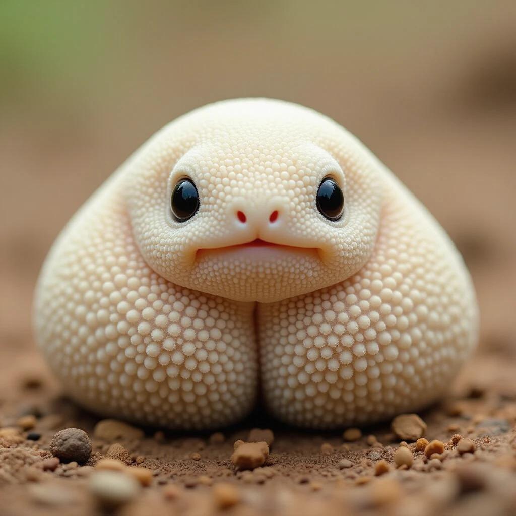 Blob-like creature with smooth, round body and large eyes. The creature appears fluffy and has a soft texture. It is sitting on a rocky surface in an outdoor environment.