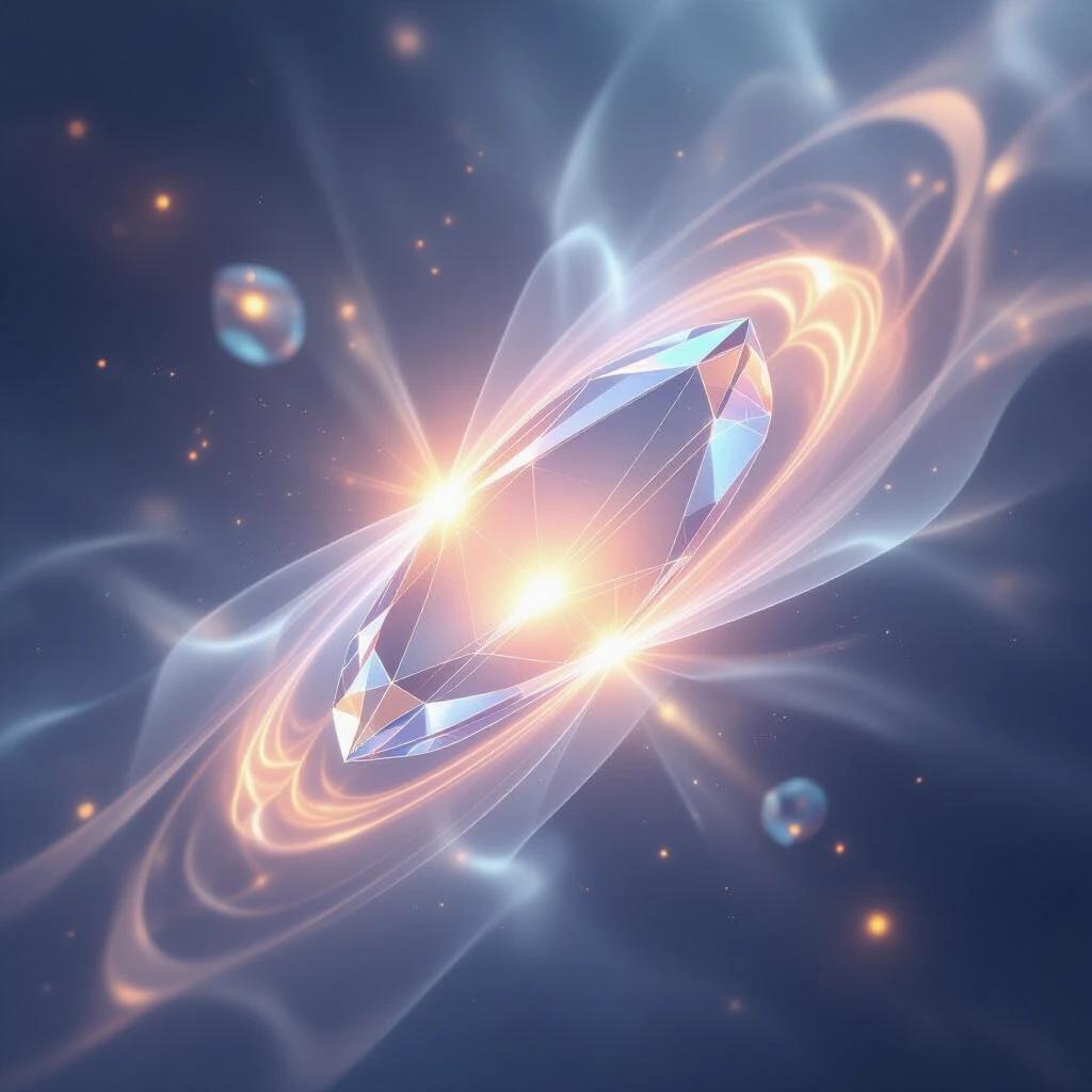 Glowing diamond in cosmic space. Ethereal light surrounding the diamond. Soft illumination around the edges. Floating spectral effects enhancing the scene. Radiant atmospheric depth in the background.